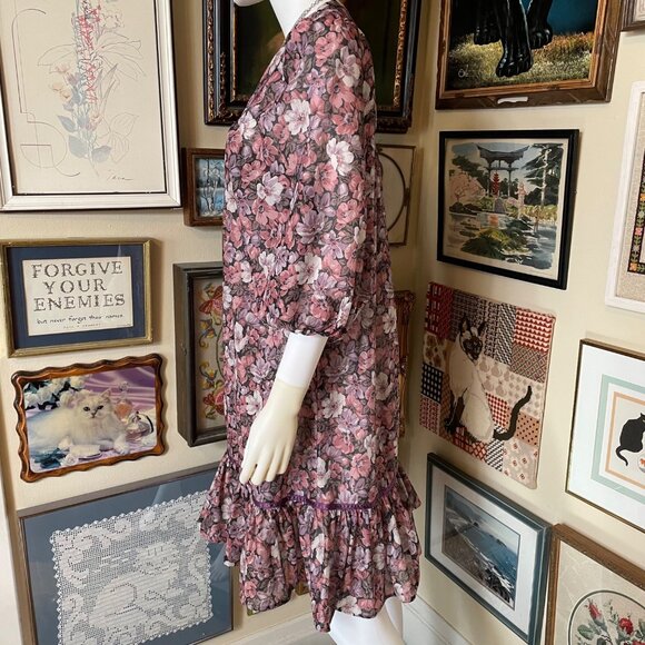 70s Vintage Roulette Juniors Purple and White Floral Semi-Sheer Peasant Dress S - Picture 4 of 7